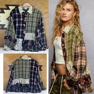 POL Multicolor Plaid Patchwork Flower Button Down Ruffle Shirt Sz Medium NWT